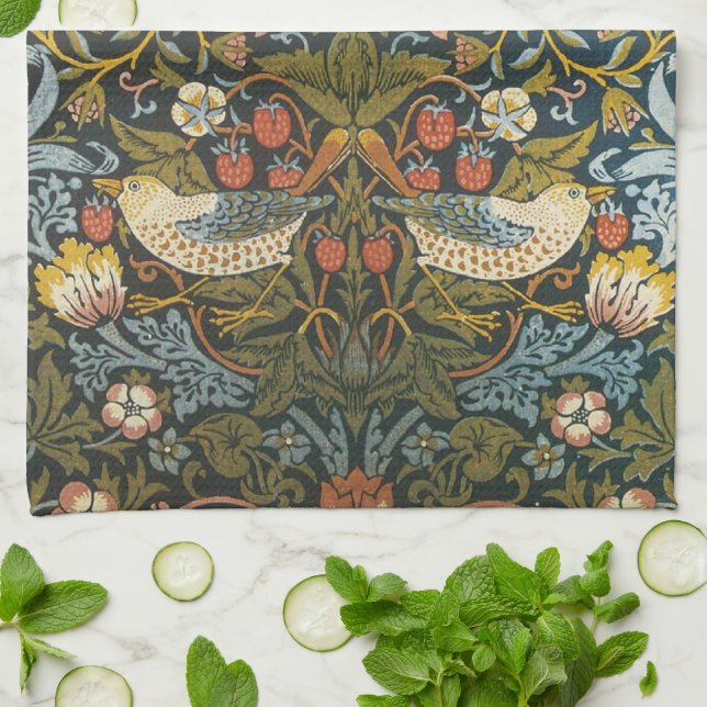 Strawberry Thieves William Morris Antique Pattern Tea Towel (Folded)