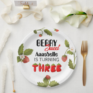 Strawberry Third Birthday Paper Plate