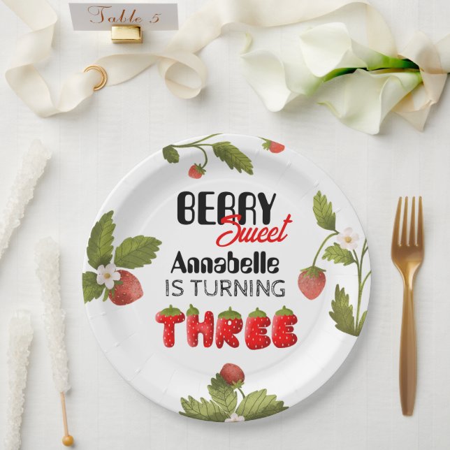 Strawberry Third Birthday Paper Plate (Wedding)
