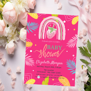 Strawberry Tropical Leaves Pink Baby Shower Invitation