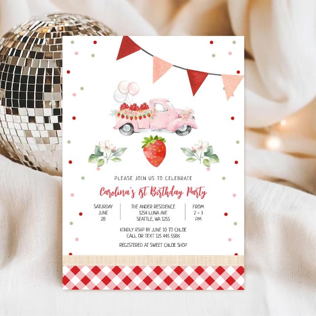 Strawberry Truck 1st Birthday Invitation (Creator Uploaded)