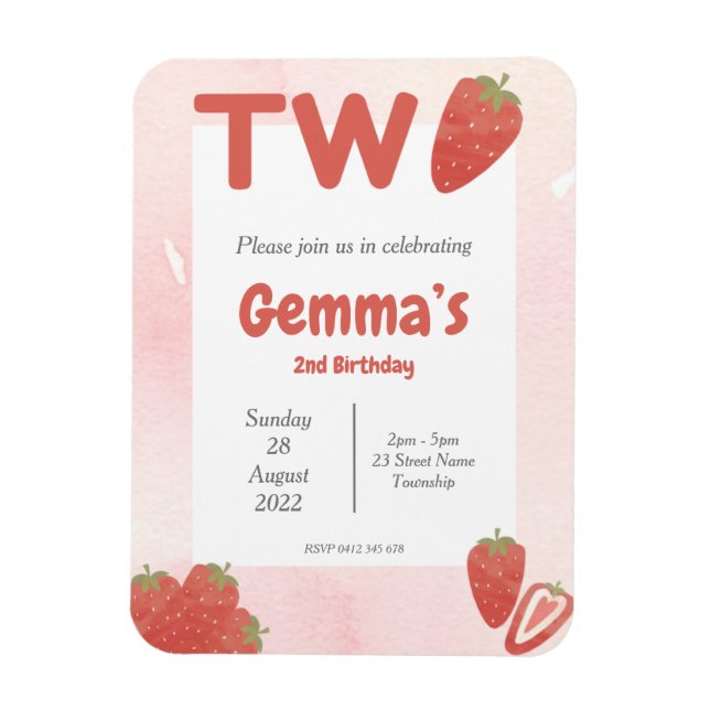 Strawberry Two birthday Invitation Magnet (Vertical)
