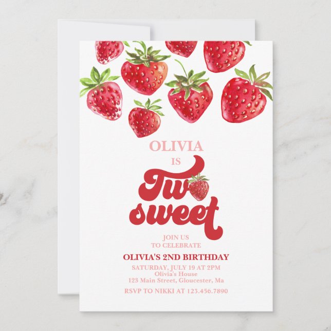 Strawberry two Sweet 2nd Birthday Invitation (Front)