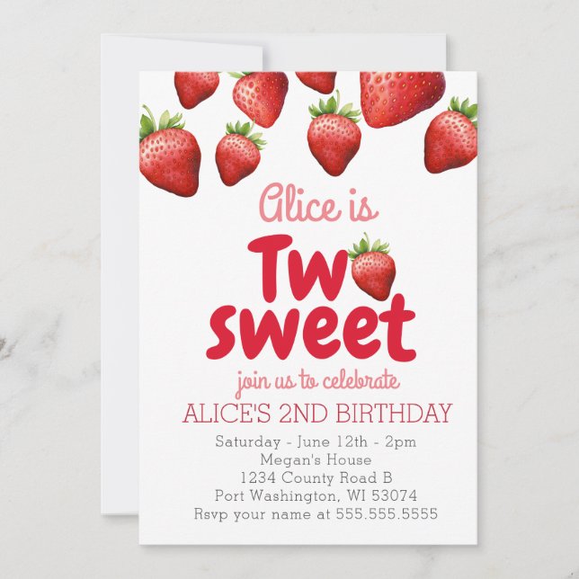 Strawberry two Sweet 2nd Birthday Invitation (Front)