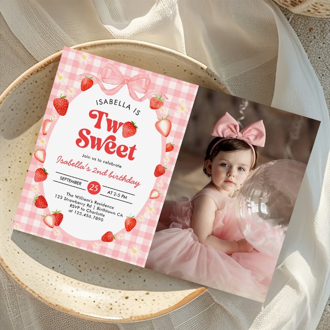 Strawberry Two Sweet Berry 2nd Birthday Photo Invitation (Creator Uploaded)