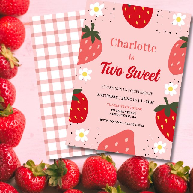 Strawberry Two Sweet Birthday Party Invitation (Two Sweet Strawberry Birthday Invitation — Berry Cute 2nd Birthday Invite!)