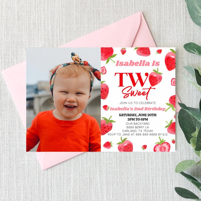 Strawberry Two Sweet Picture 2nd Birthday Party Invitation (Creator Uploaded)