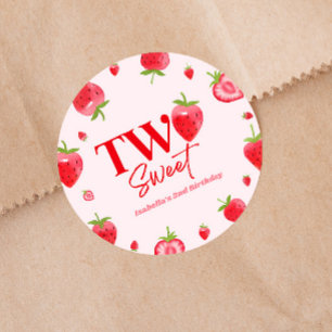 Strawberry Two Sweet Pink Red 2nd Birthday Party Classic Round Sticker