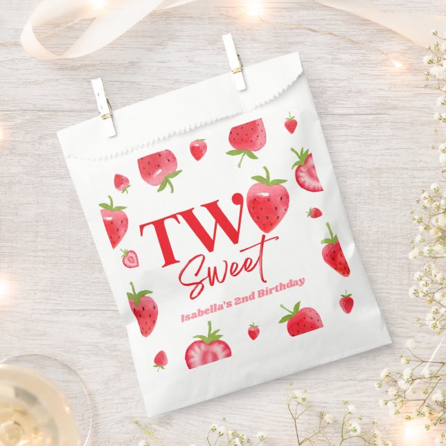 Strawberry Two Sweet Pink Red 2nd Birthday Party Favour Bags (Clipped)