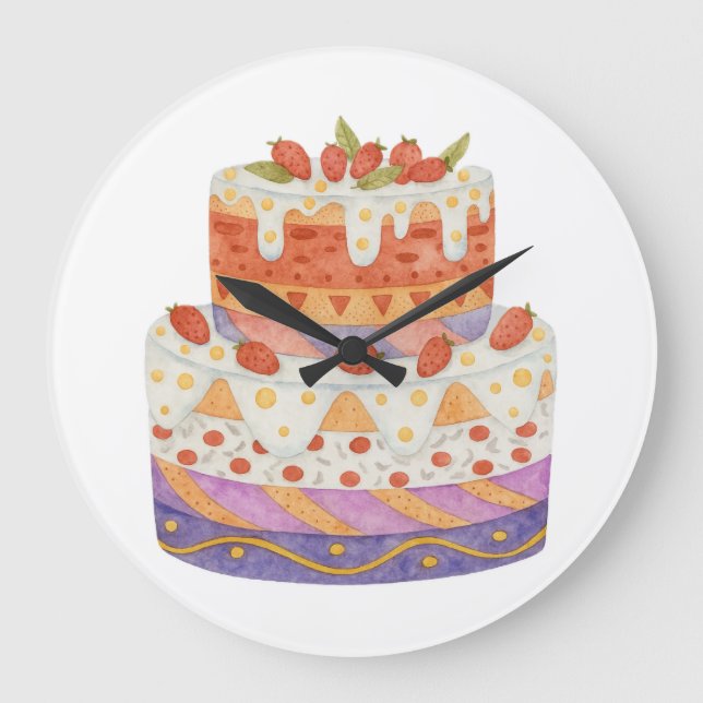 Strawberry two-tier cake large clock (Front)