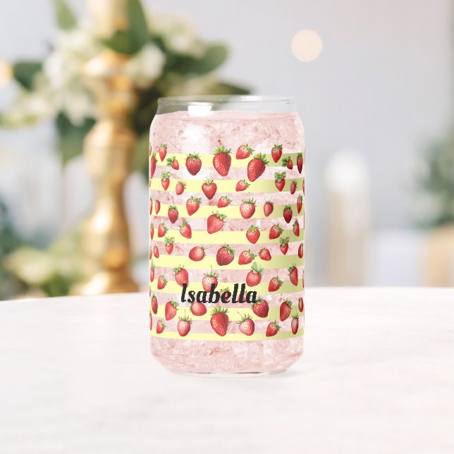 Strawberry Vanilla Stripes Personalise  Can Glass (Insitu (Wedding))