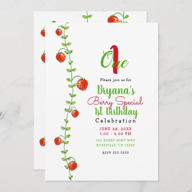 Strawberry Vine Red Berries 1 One 1st Birthday Invitation (Front/Back)