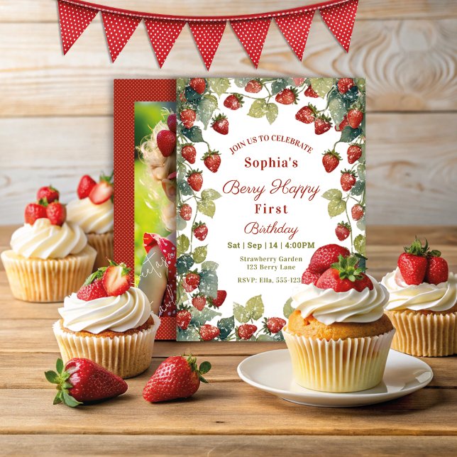 Strawberry Vintage Girl 1st Birthday Photo Invitation (Creator Uploaded)