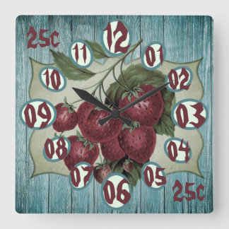 Strawberry vintage retro ad sign farm square wall clock