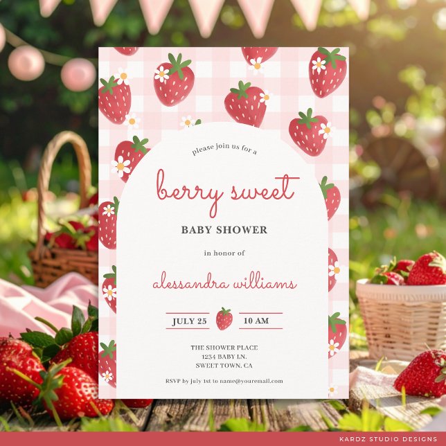 Strawberry Watercolor Berry Sweet Girl Baby Shower Invitation (Front of card is shown in 5x7 inches, personalize and choose corner and paper style. )