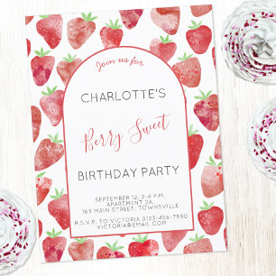 Strawberry Watercolor Birthday Party Invitation Postcard