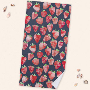Strawberry Watercolor Fruit Dark Beach Towel