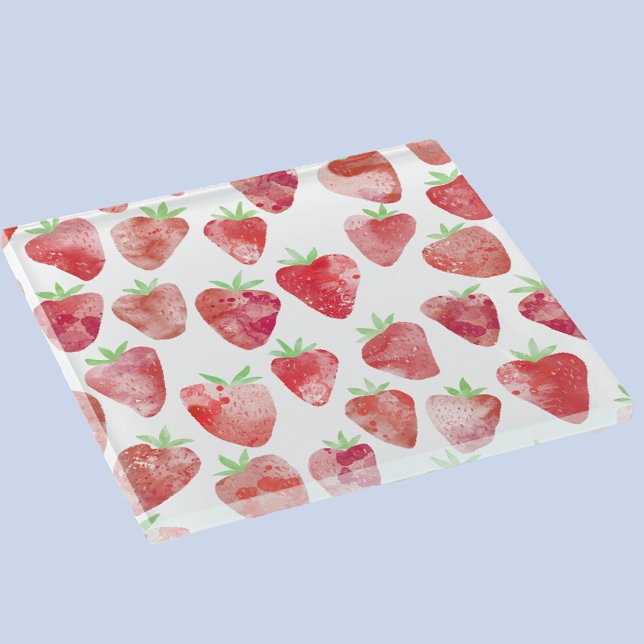 Strawberry Watercolor Glass Coaster (Strawberry watercolor pattern art glass coaster)