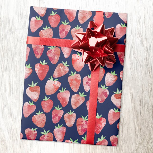 Strawberry Watercolor Navy Blue Wrapping Paper (Watercolor strawberry pattern on a dark navy blue background on gift wrapping paper roll)