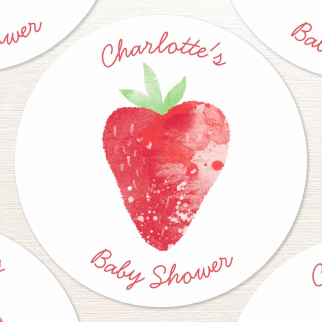 Strawberry Watercolor Personalised Baby Shower Classic Round Sticker (Sweet strawberry watercolor personalized custom name text baby shower sticker)