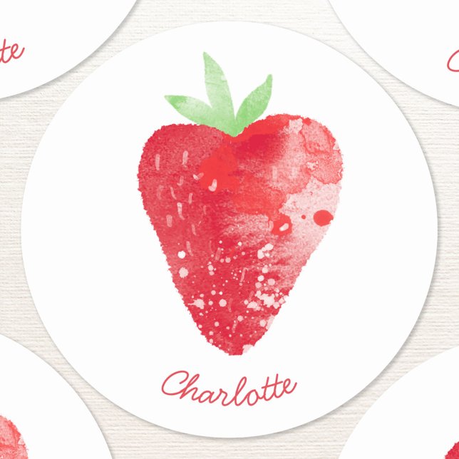 Strawberry Watercolor Personalised Classic Round Sticker (Sweet watercolor strawberry fruit painting with modern script personalized name on a round sticker)