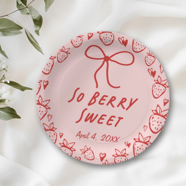 Strawberry Whimsical Coquette Bow Girls Birthday Paper Plate (Creator Uploaded)