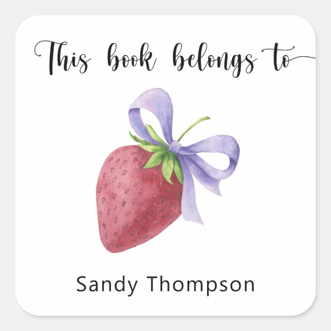 Strawberry with a bow - This book belongs to Square Sticker (Front)