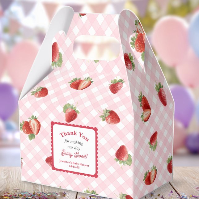 Strawberry with pink Gingham-Baby Girl Shower Favour Box (Strawberry with pink gingham pattern-Berry Sweet Baby Girl Shower favor box.)