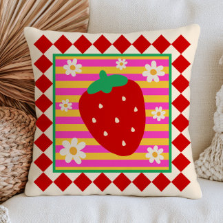 Strawberry with White Daisies Dopamine Aesthetic Cushion