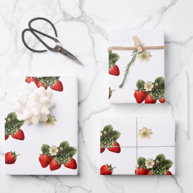 Strawberry wrapping paper with blossoms on white (Front)