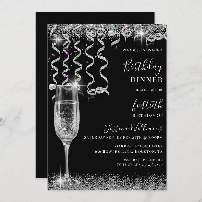 Streamers & Sparkle Birthday Dinner Invitation (Front/Back)