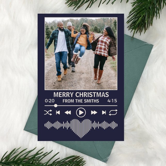 Streaming Music Player Photo Christmas Blue Holiday Card (Plum purple christmas card with music streaming theme and space for family photo)