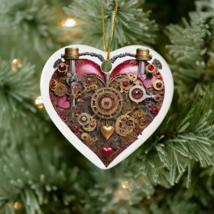 Streampunk Heart Ruby Valentine Ceramic Tree Decoration