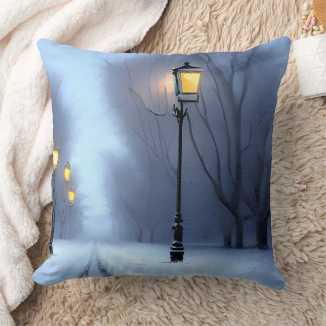 Street Lamps Glowing In Winter Wonderland Cushion (Blanket)