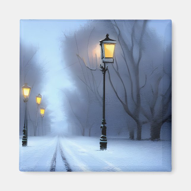 Street Lamps Glowing In Winter Wonderland Magnet (Front)