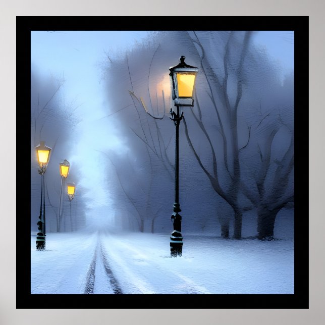 Street Lamps Glowing In Winter Wonderland Poster (Front)