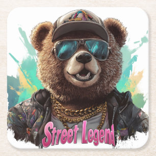 Street Legend Bear - Cool Graphic Design Square Paper Coaster