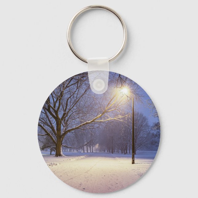 Street lights and covered in snow trees key ring (Front)
