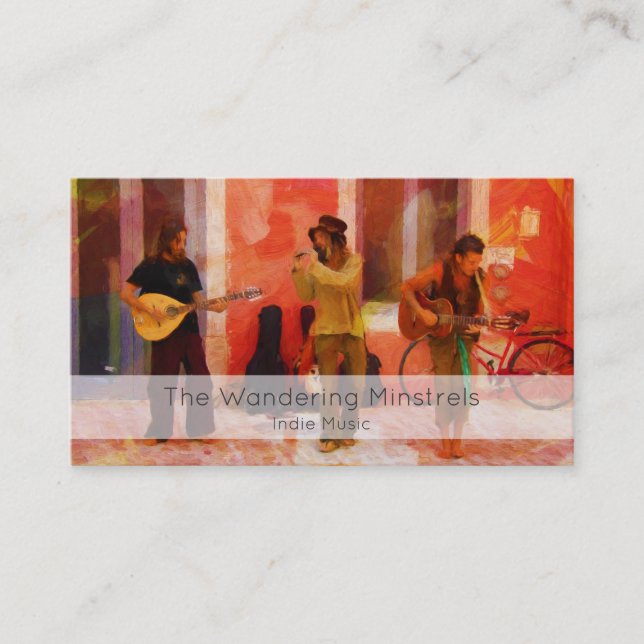 Street Musicians Playing Guitar Mandolin and Flute Business Card (Front)