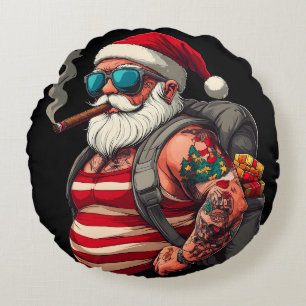 Street Rebel Tattooed Christmas Santa Claus Round Cushion