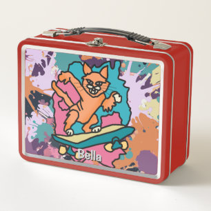 Street Retro Cat on Skateboard Funny Metal Lunch Box