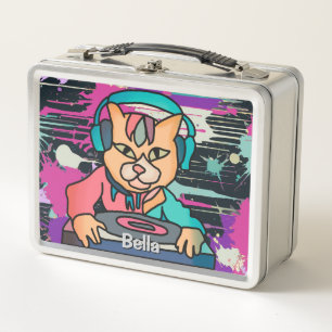 Street Retro Cat with Headphones   Funny  Metal Lunch Box
