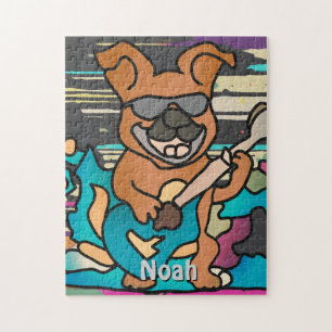 Street Retro Dog with Guitar   Funny Jigsaw Puzzle