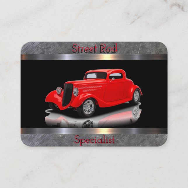 Street Rod Specialist Black, Red, Chrome Business Card (Front)