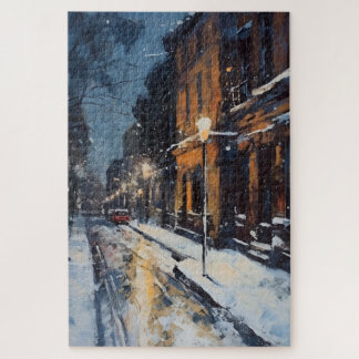 Street Scene Snowy Winter Evening Jigsaw Puzzle