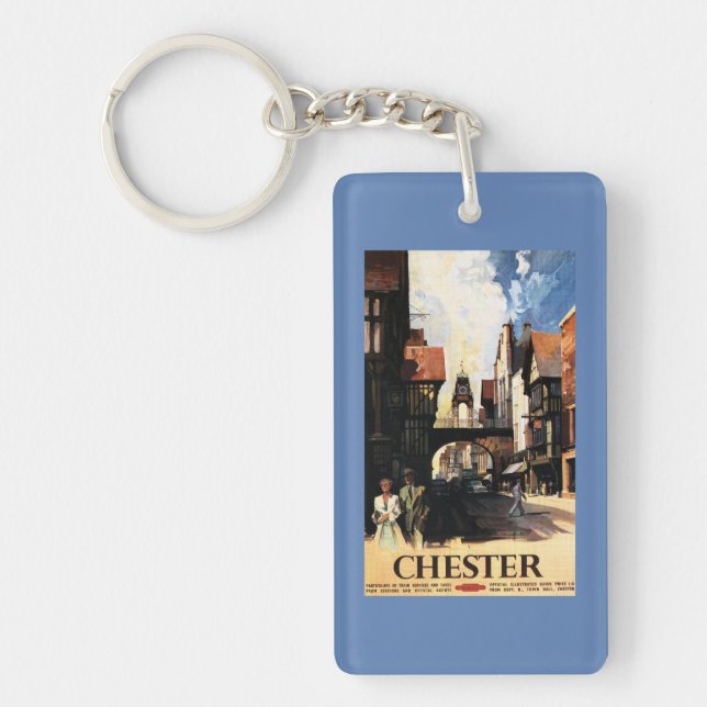 Street View with Couple & Tower Clock Rail Key Ring (Front)