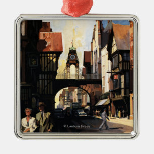 Street View with Couple & Tower Clock Rail Metal Tree Decoration