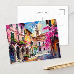 Streets of Italy Modern Abstract Art Postcard<br><div class="desc">A modern abstract painting inspired by the vibrant beauty of an Italian street scene, showcasing colourful architecture and lush flowers. The bold, dynamic brushstrokes and striking hues of terracotta, pink, and gold bring the lively atmosphere of Italy to life. The combination of vivid colours and abstract forms captures the charm...</div>
