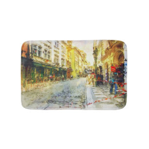 Streets of Old Prague watercolor Bath Mat
