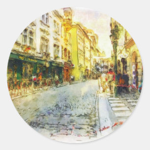 Streets of Old Prague watercolor Classic Round Sticker